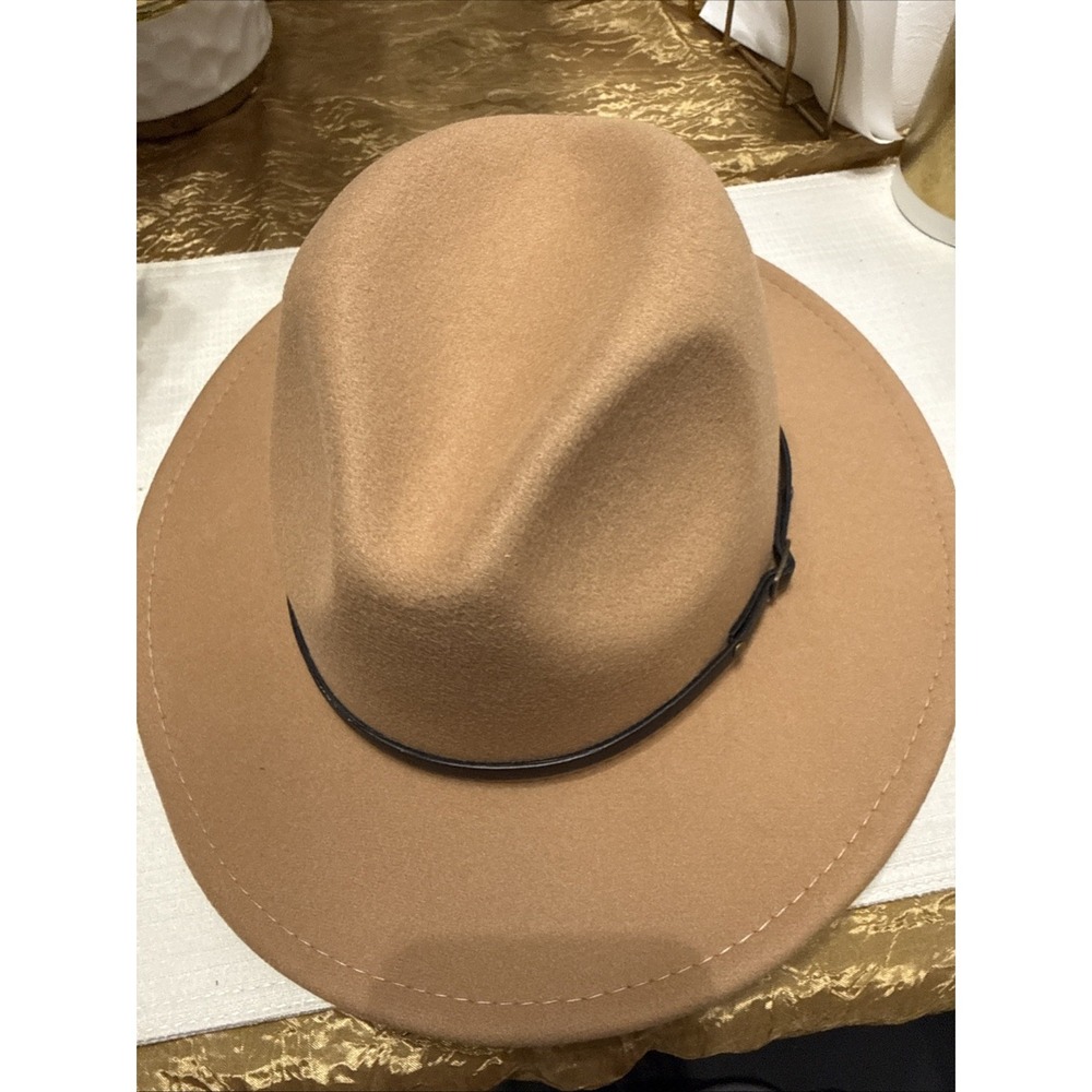 Fedora, Women Wide Brim Camel/wine w/Black Belt & Bucket, Cotton/Poly Blend,